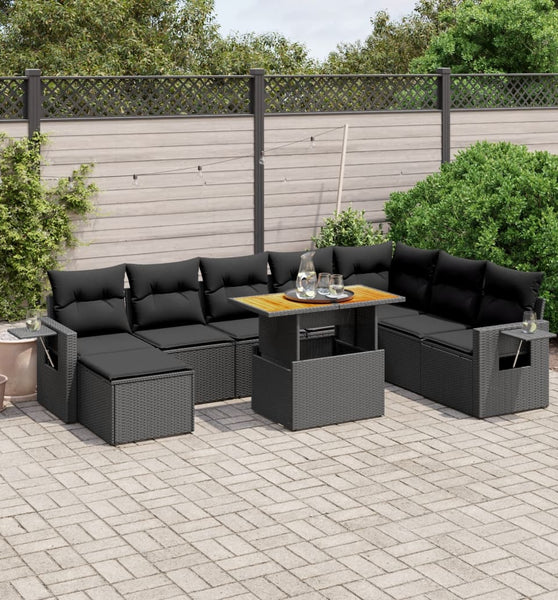 9-tlg. Garten-Sofagarnitur mit Kissen Schwarz Poly Rattan