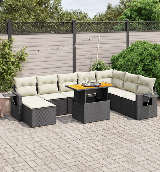 9-tlg. Garten-Sofagarnitur mit Kissen Schwarz Poly Rattan