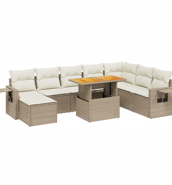 9-tlg. Garten-Sofagarnitur mit Kissen Beige Poly Rattan