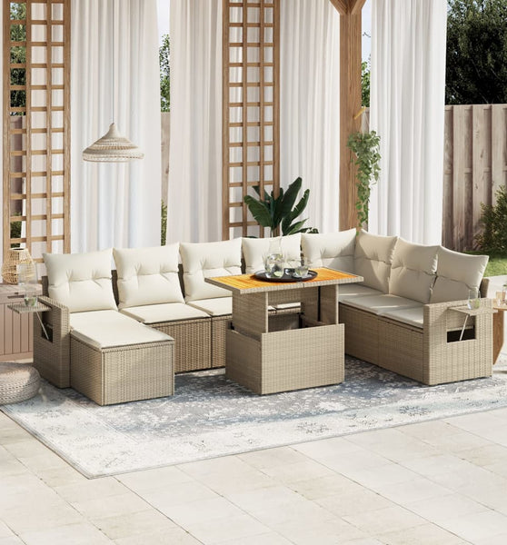 9-tlg. Garten-Sofagarnitur mit Kissen Beige Poly Rattan