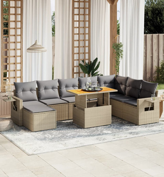 9-tlg. Garten-Sofagarnitur mit Kissen Beige Poly Rattan