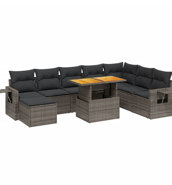 9-tlg. Garten-Sofagarnitur mit Kissen Grau Poly Rattan