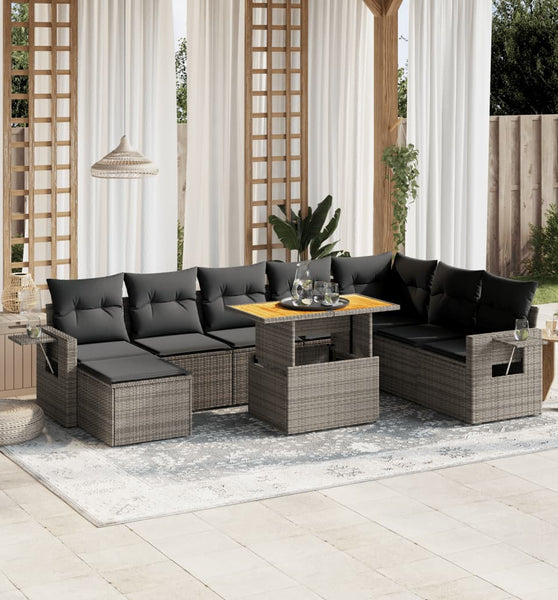 9-tlg. Garten-Sofagarnitur mit Kissen Grau Poly Rattan
