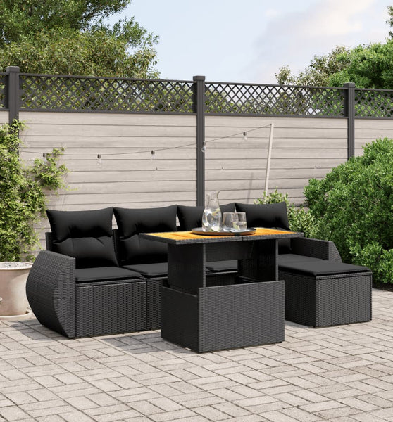 6-tlg. Garten-Sofagarnitur mit Kissen Schwarz Poly Rattan