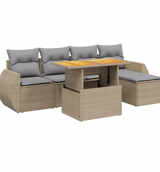 6-tlg. Garten-Sofagarnitur mit Kissen Beige Poly Rattan