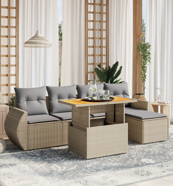 6-tlg. Garten-Sofagarnitur mit Kissen Beige Poly Rattan