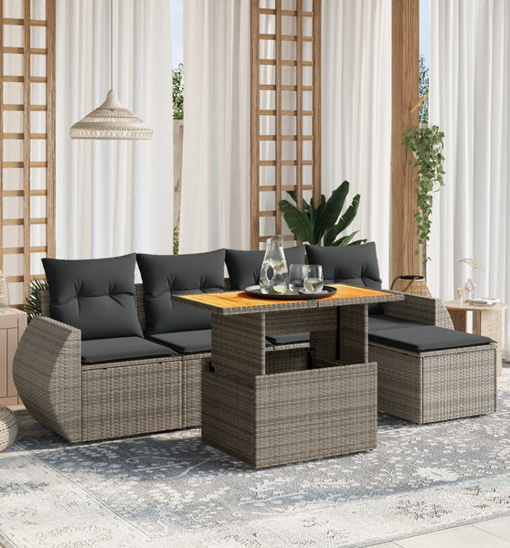 6-tlg. Garten-Sofagarnitur mit Kissen Grau Poly Rattan