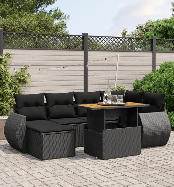 7-tlg. Garten-Sofagarnitur mit Kissen Schwarz Poly Rattan
