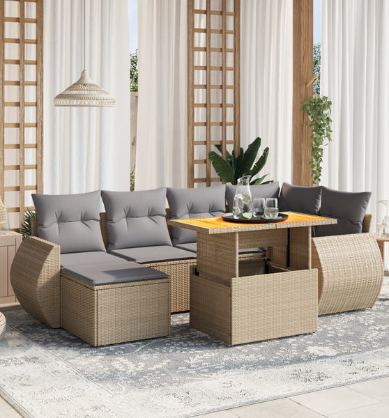 7-tlg. Garten-Sofagarnitur mit Kissen Beige Poly Rattan