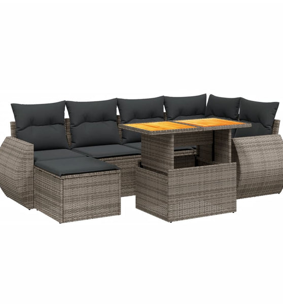 7-tlg. Garten-Sofagarnitur mit Kissen Grau Poly Rattan