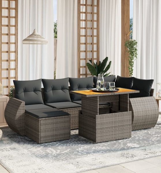 7-tlg. Garten-Sofagarnitur mit Kissen Grau Poly Rattan