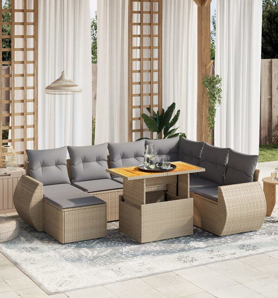 8-tlg. Garten-Sofagarnitur mit Kissen Beige Poly Rattan