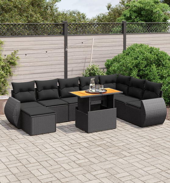9-tlg. Garten-Sofagarnitur mit Kissen Schwarz Poly Rattan