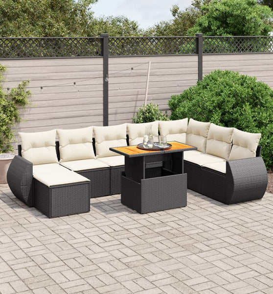 9-tlg. Garten-Sofagarnitur mit Kissen Schwarz Poly Rattan