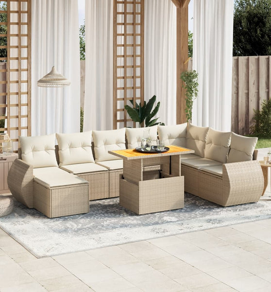 9-tlg. Garten-Sofagarnitur mit Kissen Beige Poly Rattan