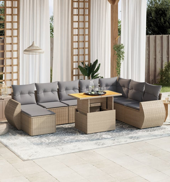 9-tlg. Garten-Sofagarnitur mit Kissen Beige Poly Rattan