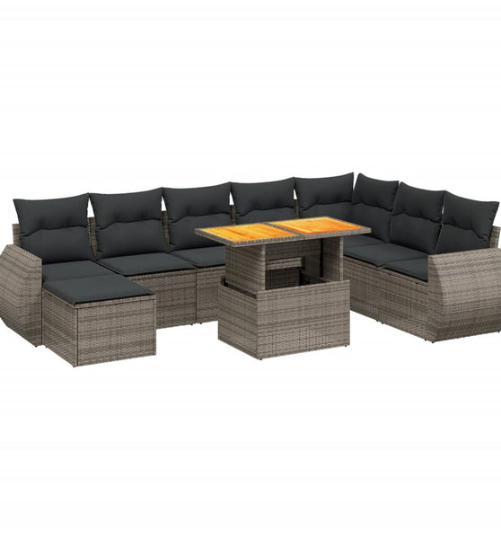 9-tlg. Garten-Sofagarnitur mit Kissen Grau Poly Rattan