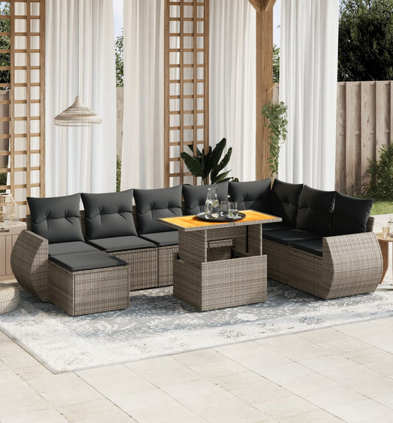 9-tlg. Garten-Sofagarnitur mit Kissen Grau Poly Rattan