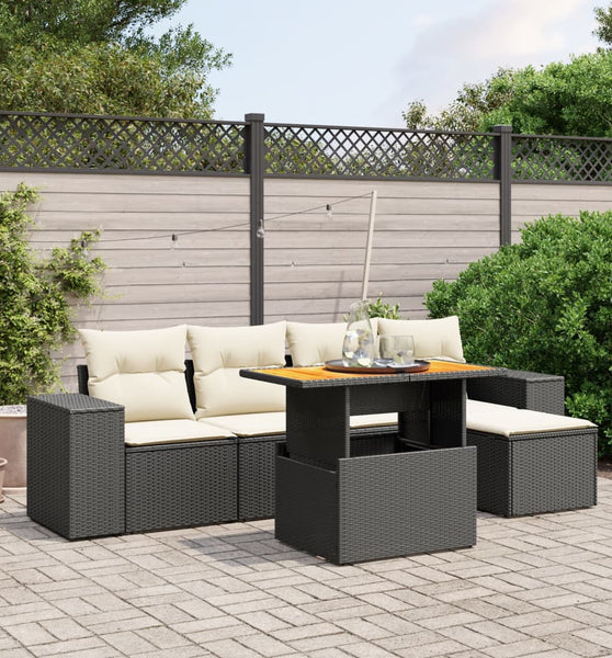 6-tlg. Garten-Sofagarnitur mit Kissen Schwarz Poly Rattan
