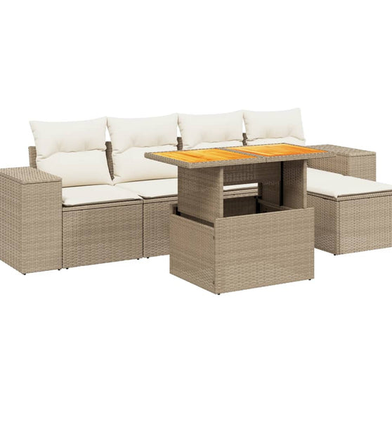 6-tlg. Garten-Sofagarnitur mit Kissen Beige Poly Rattan