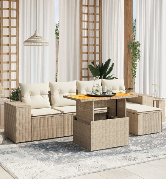 6-tlg. Garten-Sofagarnitur mit Kissen Beige Poly Rattan