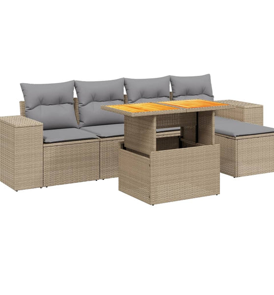 6-tlg. Garten-Sofagarnitur mit Kissen Beige Poly Rattan