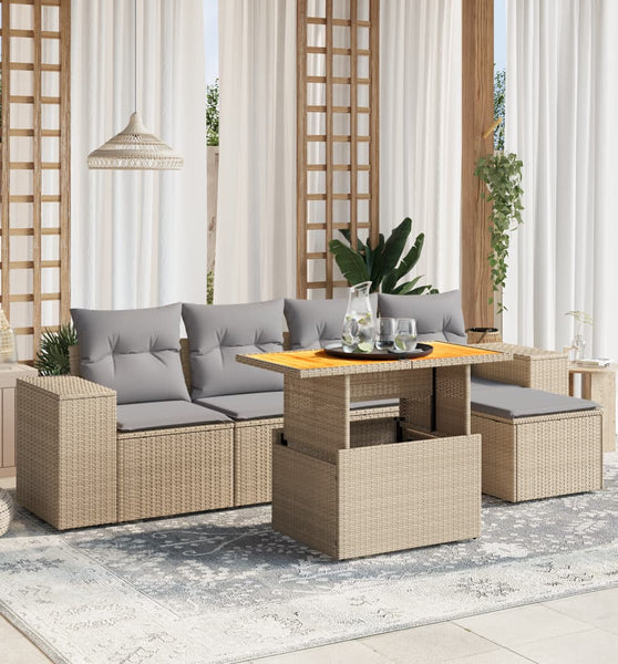 6-tlg. Garten-Sofagarnitur mit Kissen Beige Poly Rattan