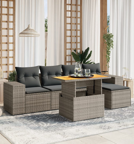 6-tlg. Garten-Sofagarnitur mit Kissen Grau Poly Rattan