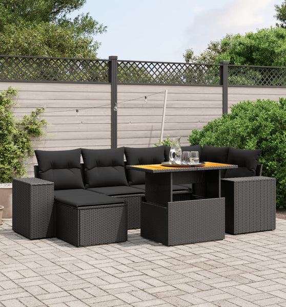7-tlg. Garten-Sofagarnitur mit Kissen Schwarz Poly Rattan