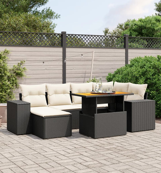 7-tlg. Garten-Sofagarnitur mit Kissen Schwarz Poly Rattan