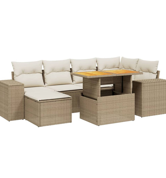 7-tlg. Garten-Sofagarnitur mit Kissen Beige Poly Rattan