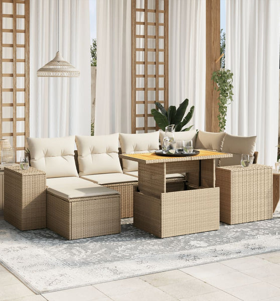 7-tlg. Garten-Sofagarnitur mit Kissen Beige Poly Rattan
