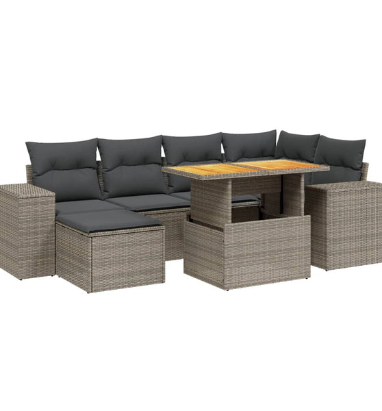 7-tlg. Garten-Sofagarnitur mit Kissen Grau Poly Rattan
