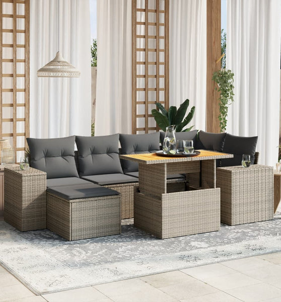 7-tlg. Garten-Sofagarnitur mit Kissen Grau Poly Rattan