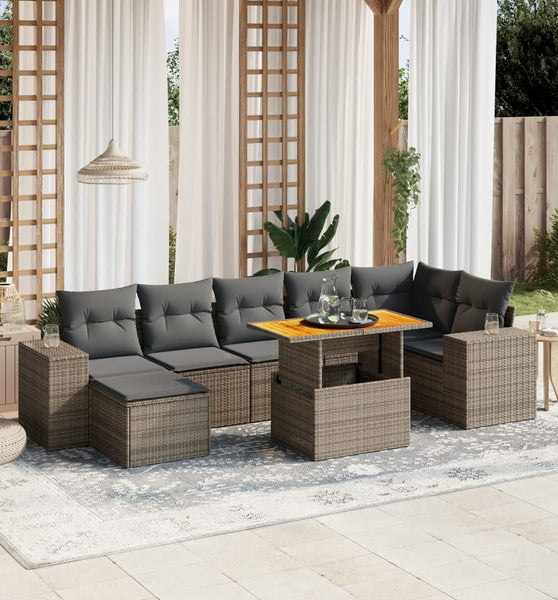8-tlg. Garten-Sofagarnitur mit Kissen Grau Poly Rattan