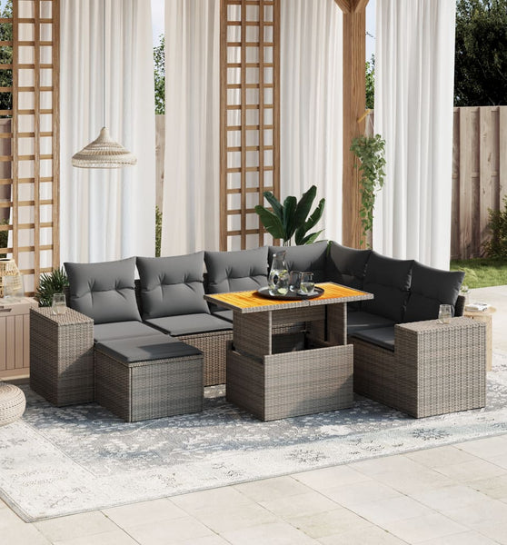 8-tlg. Garten-Sofagarnitur mit Kissen Grau Poly Rattan