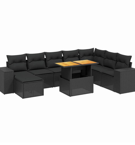 9-tlg. Garten-Sofagarnitur mit Kissen Schwarz Poly Rattan