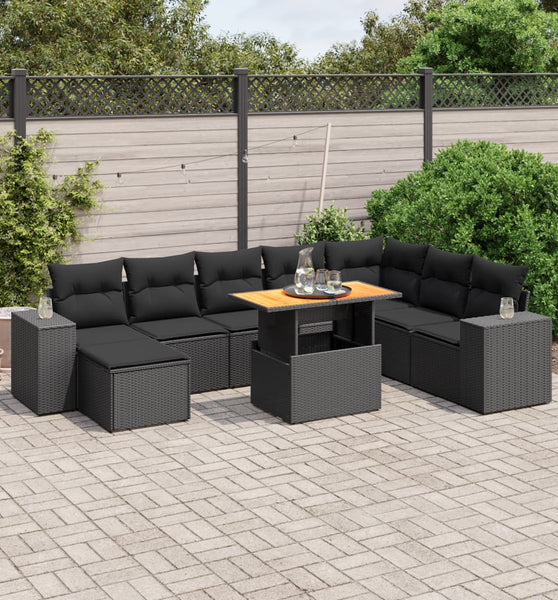 9-tlg. Garten-Sofagarnitur mit Kissen Schwarz Poly Rattan