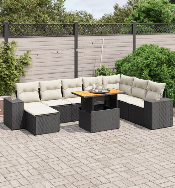 9-tlg. Garten-Sofagarnitur mit Kissen Schwarz Poly Rattan