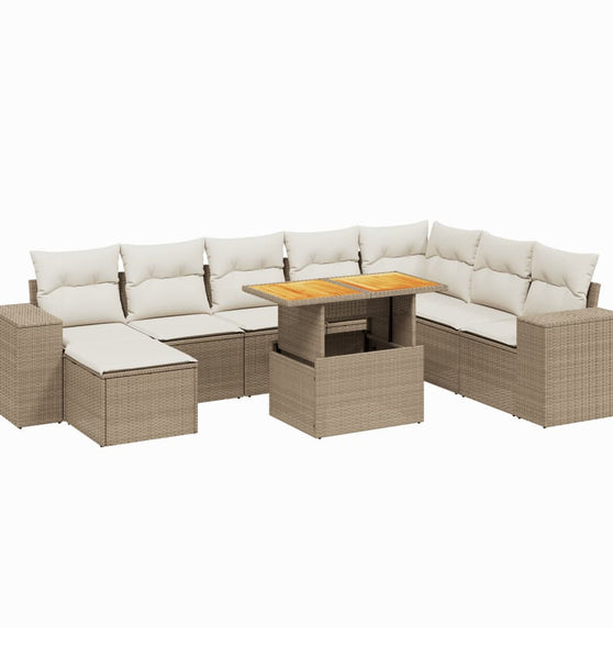 9-tlg. Garten-Sofagarnitur mit Kissen Beige Poly Rattan