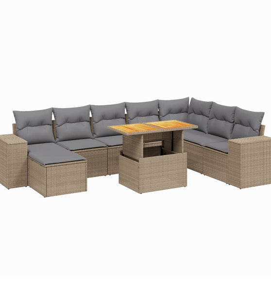 9-tlg. Garten-Sofagarnitur mit Kissen Beige Poly Rattan