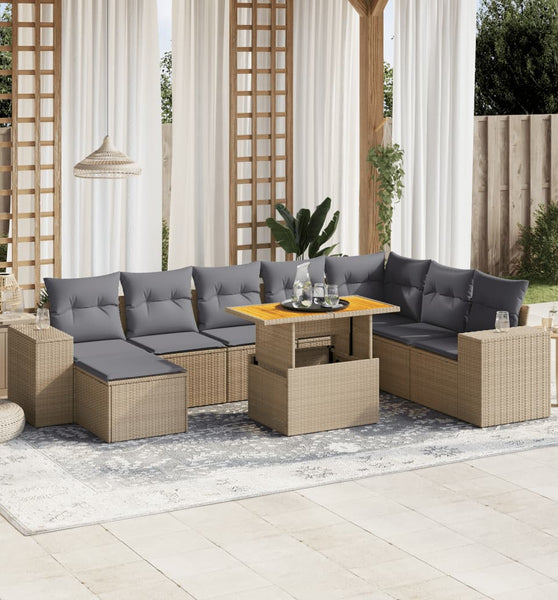 9-tlg. Garten-Sofagarnitur mit Kissen Beige Poly Rattan
