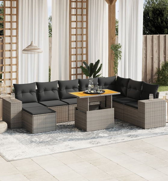9-tlg. Garten-Sofagarnitur mit Kissen Grau Poly Rattan