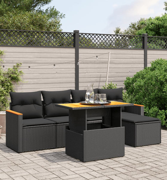6-tlg. Garten-Sofagarnitur mit Kissen Schwarz Poly Rattan
