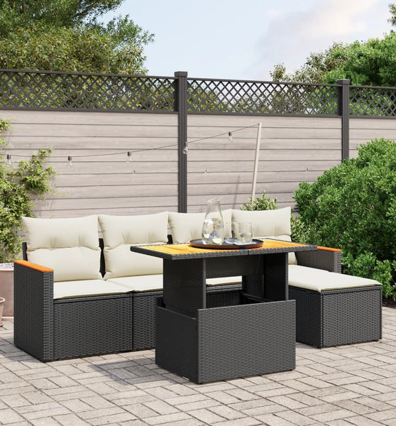 6-tlg. Garten-Sofagarnitur mit Kissen Schwarz Poly Rattan