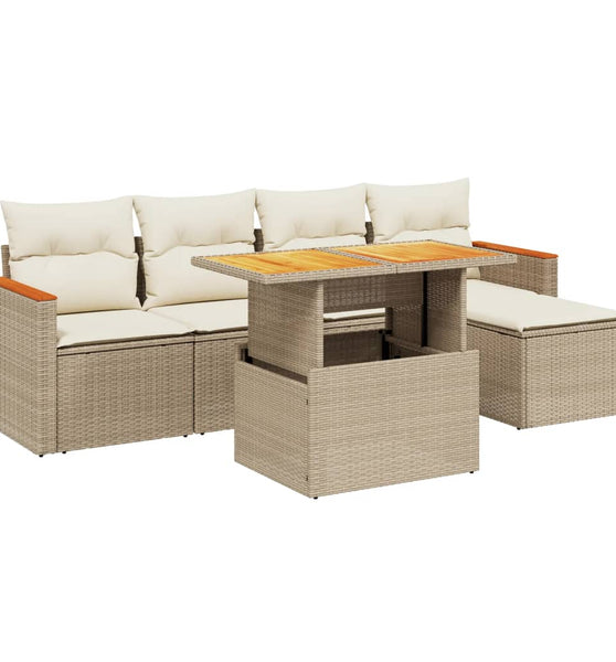 6-tlg. Garten-Sofagarnitur mit Kissen Beige Poly Rattan