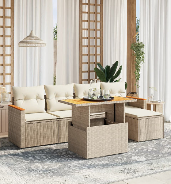 6-tlg. Garten-Sofagarnitur mit Kissen Beige Poly Rattan