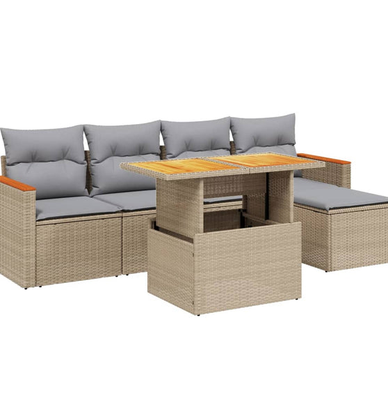 6-tlg. Garten-Sofagarnitur mit Kissen Beige Poly Rattan