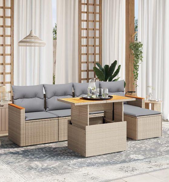 6-tlg. Garten-Sofagarnitur mit Kissen Beige Poly Rattan