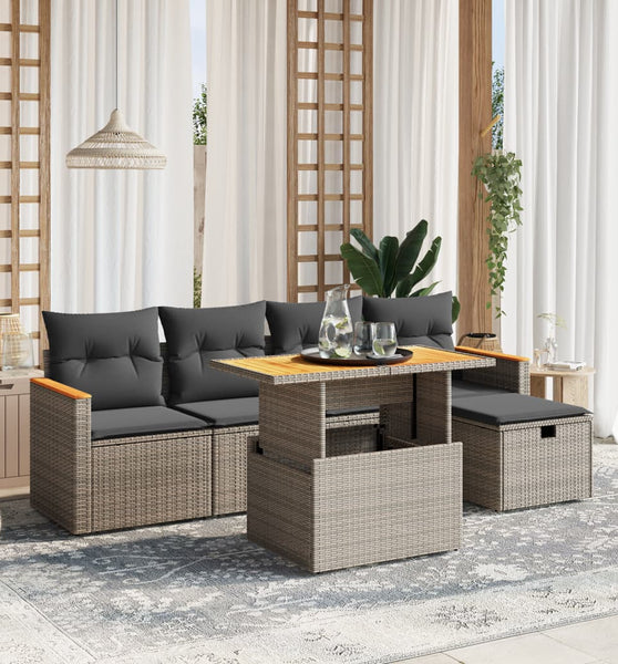 6-tlg. Garten-Sofagarnitur mit Kissen Grau Poly Rattan